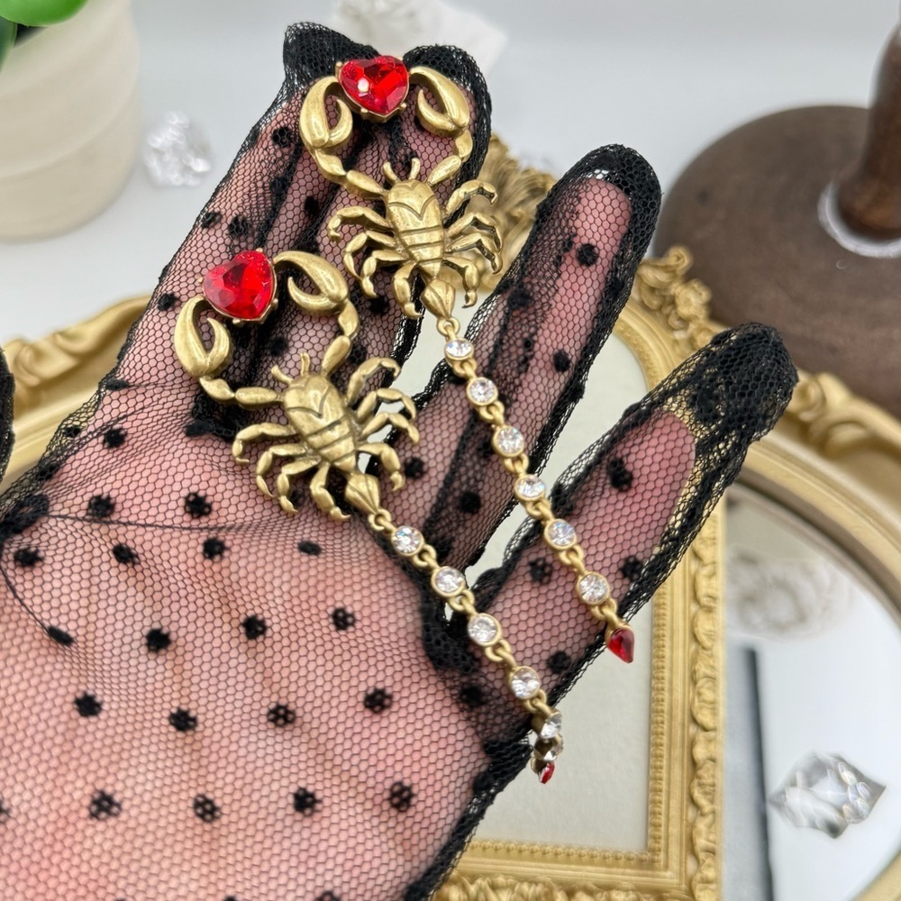 Gothic Scorpion Drop Earrings | Red Crystal Heart & Rhinestone Tail - Picture 9 of 12